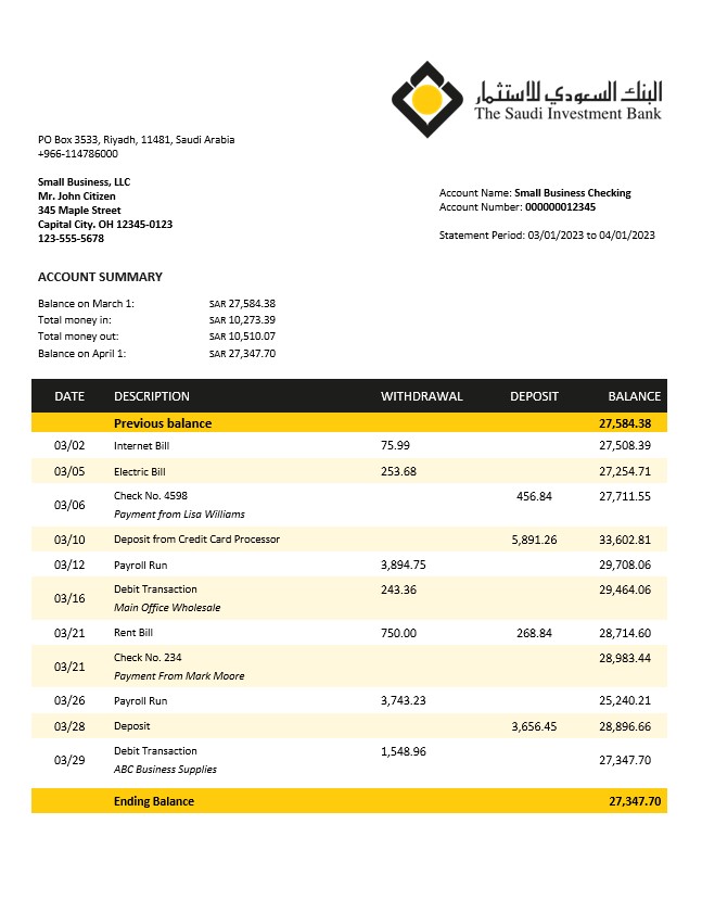 Modèle Word et PDF de relevé de compte courant d'entreprise de la Saudi Investment Bank